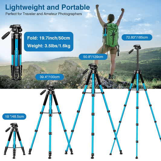 Victiv 72 inch Camera Tripod, Tall Tripod for Camera Cell Phone, Heavy Duty Camera Tripod Stand, Professional Aluminum Monopod, Compatible with Canon Nikon Sony DSLR Cameras - Blue